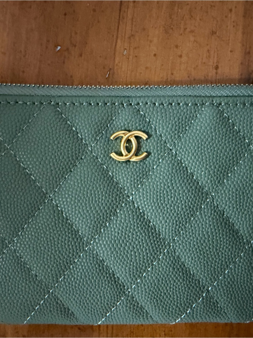 CHANEL Green Quilted Caviar Leather Wristlet with Gold CC